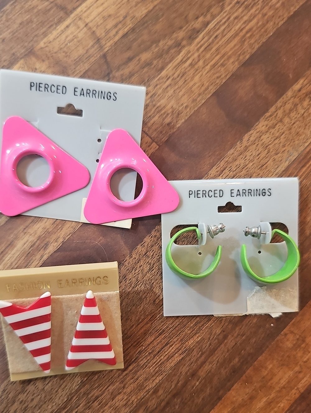 Vintage Earrings 3 Sets Pink Lime Green Triangle Hoop Red White Retro 80s Women